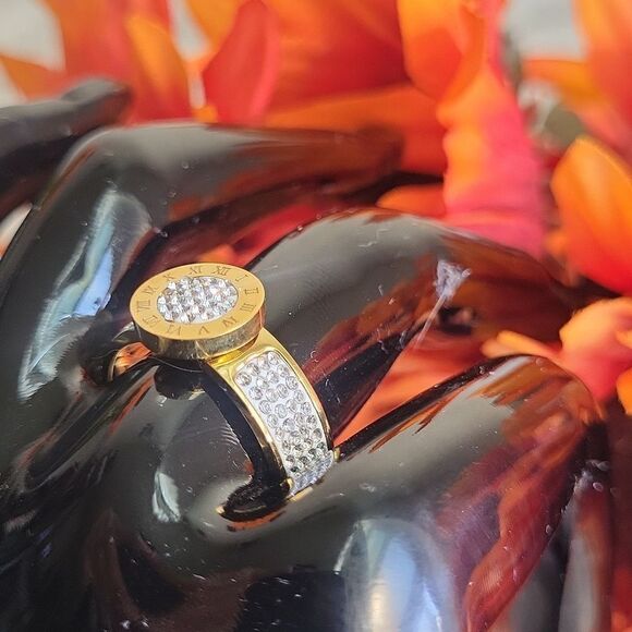 Stainless Steel 14K Gold Plated Numerals Inlaid Lab Diamond Luxury Ring Size 7 - Picture 7 of 15